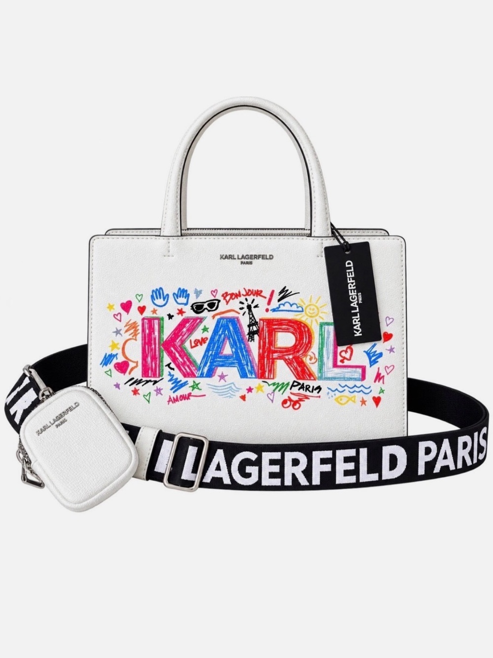 Karl Lagerfeld White Satchel with Multicolor 'KARL' Graffiti Print
